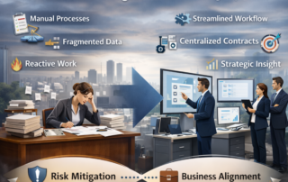Photorealistic illustration showing how contract management for legal teams transforms fragmented legal processes into structured workflows, improving visibility, risk management, and alignment with business priorities.
