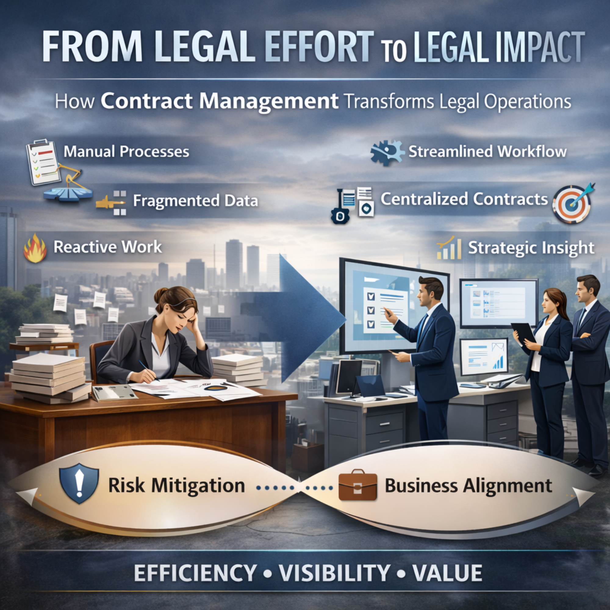 Photorealistic illustration showing how contract management for legal teams transforms fragmented legal processes into structured workflows, improving visibility, risk management, and alignment with business priorities.